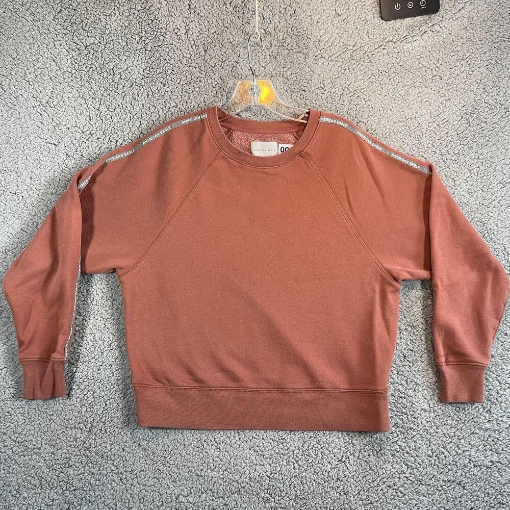 American Eagle Sweatshirt Womens Small Rust Crewneck Fleece Lined Logo‎ Tape